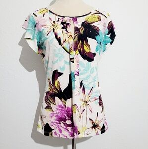 Worthington Floral Flutter Sleeve Keyhole Neck Top Blouse Woman's Size Small